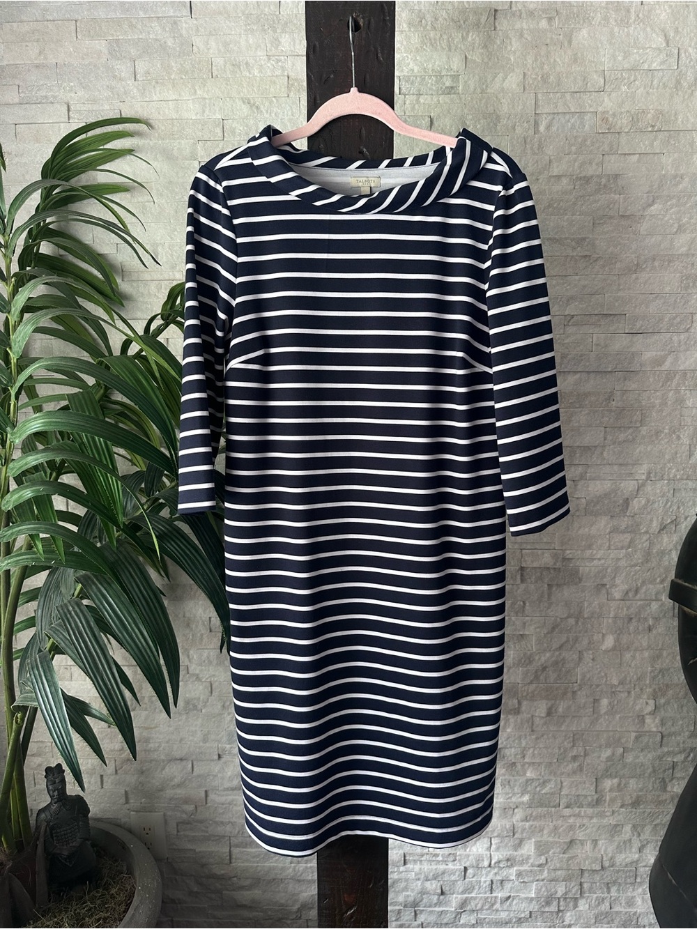 Talbots Navy & White Nautical Striped Boatneck Dress Classic Breton Style M
